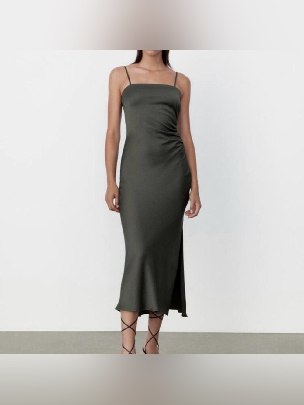 Zara Olive Satin Ruched Midi Dress Size Small